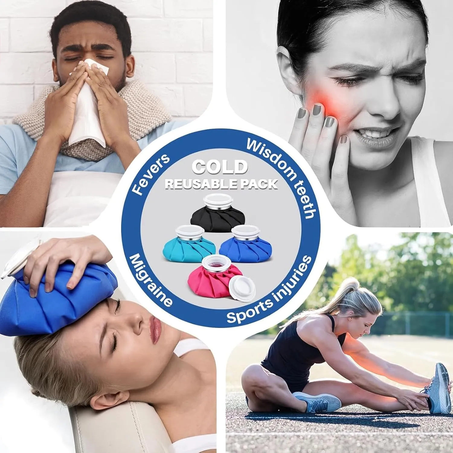 Honoson 4 Pack Reusable Ice Pack and Hot Water Bag for Adults, Cold and Hot Use for Injuries, Pain Relief, Wisdom Teeth, Breastfeeding, Tired Eyes, 5.5 Inches(Classic Pure Style)