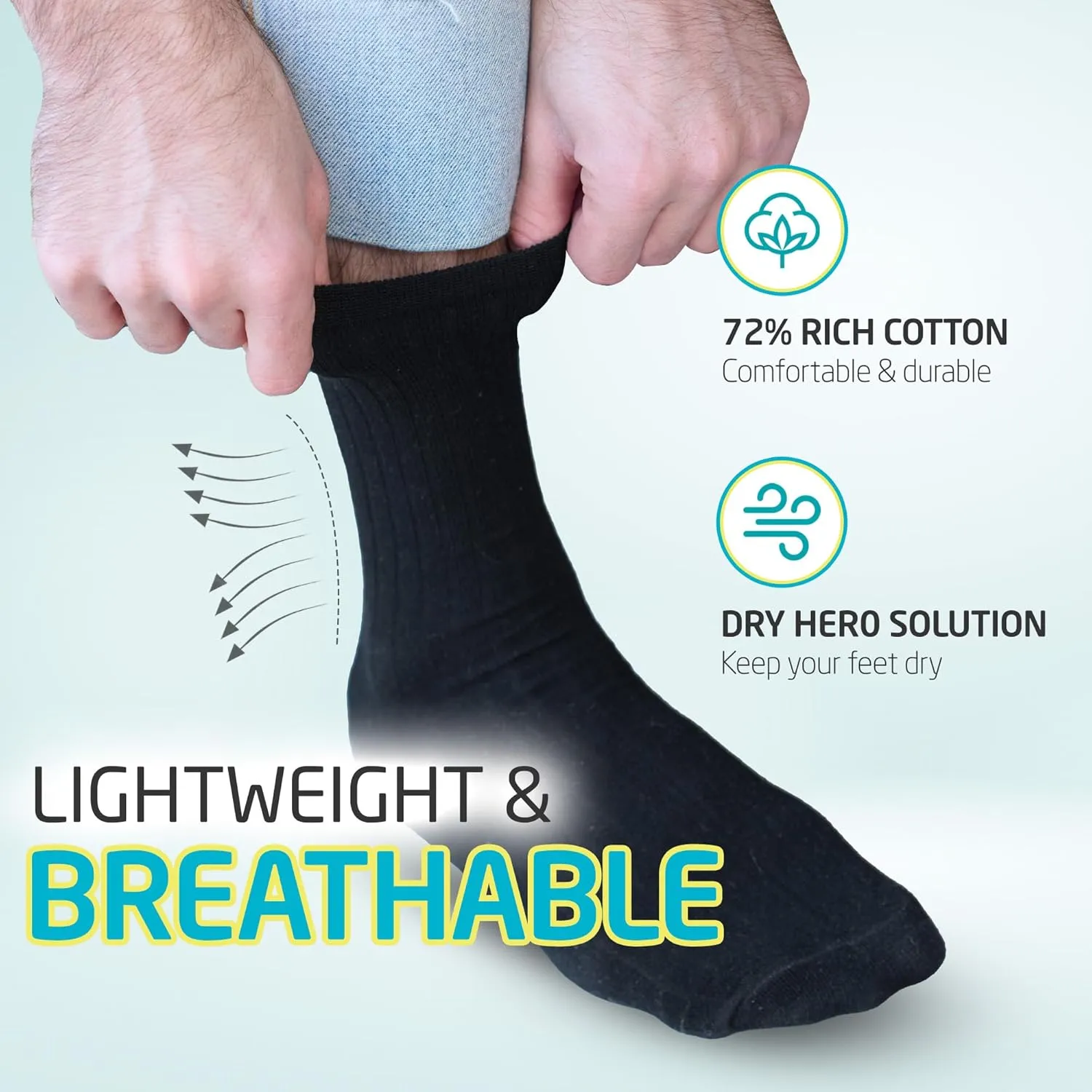 HOT FEET Thin Crew Summer Socks for Men - 5 Pack, Breathable, Moisture Wicking, Lightweight, Ribbed Cotton Socks, Sizes 7-17