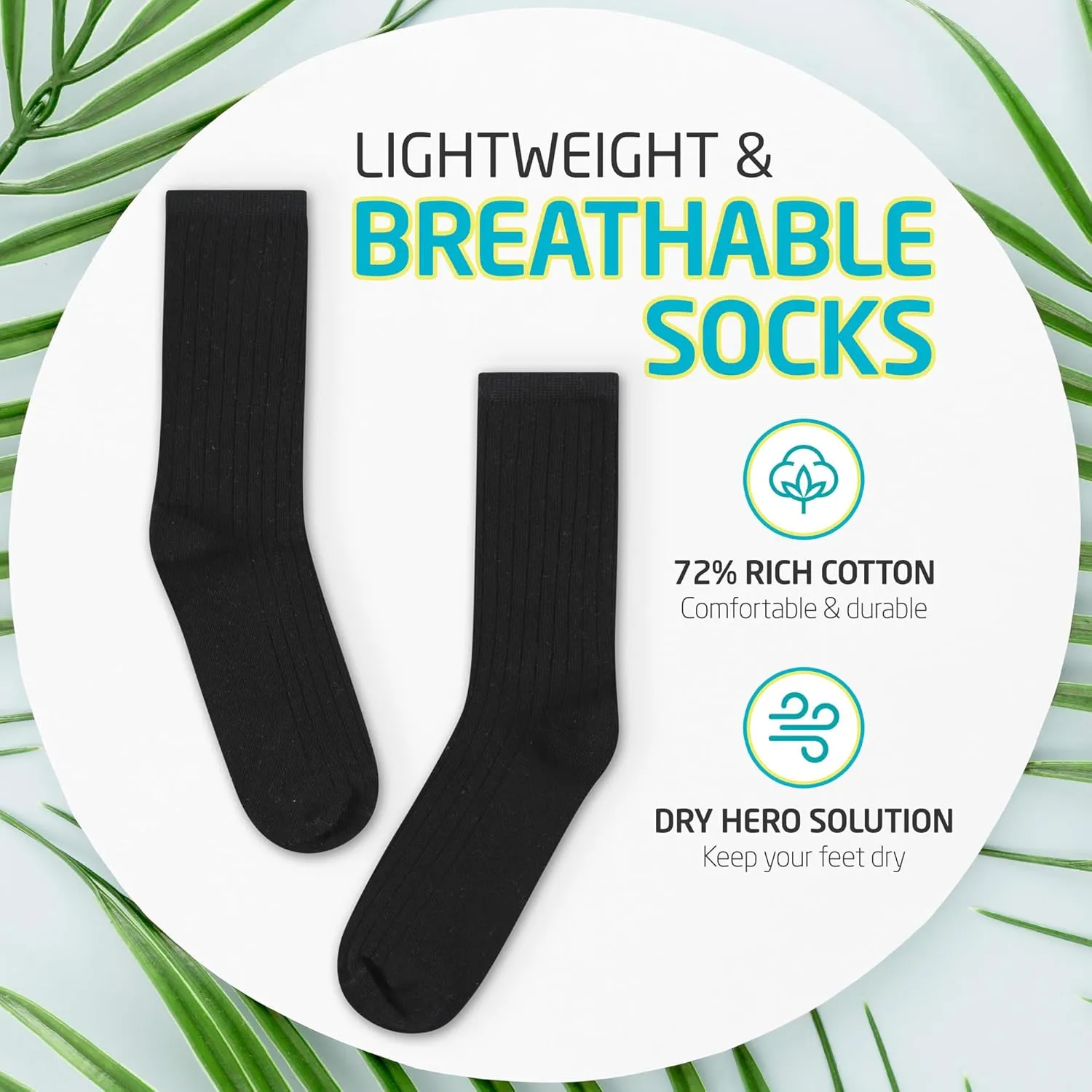 HOT FEET Thin Crew Summer Socks for Men - 5 Pack, Breathable, Moisture Wicking, Lightweight, Ribbed Cotton Socks, Sizes 7-17