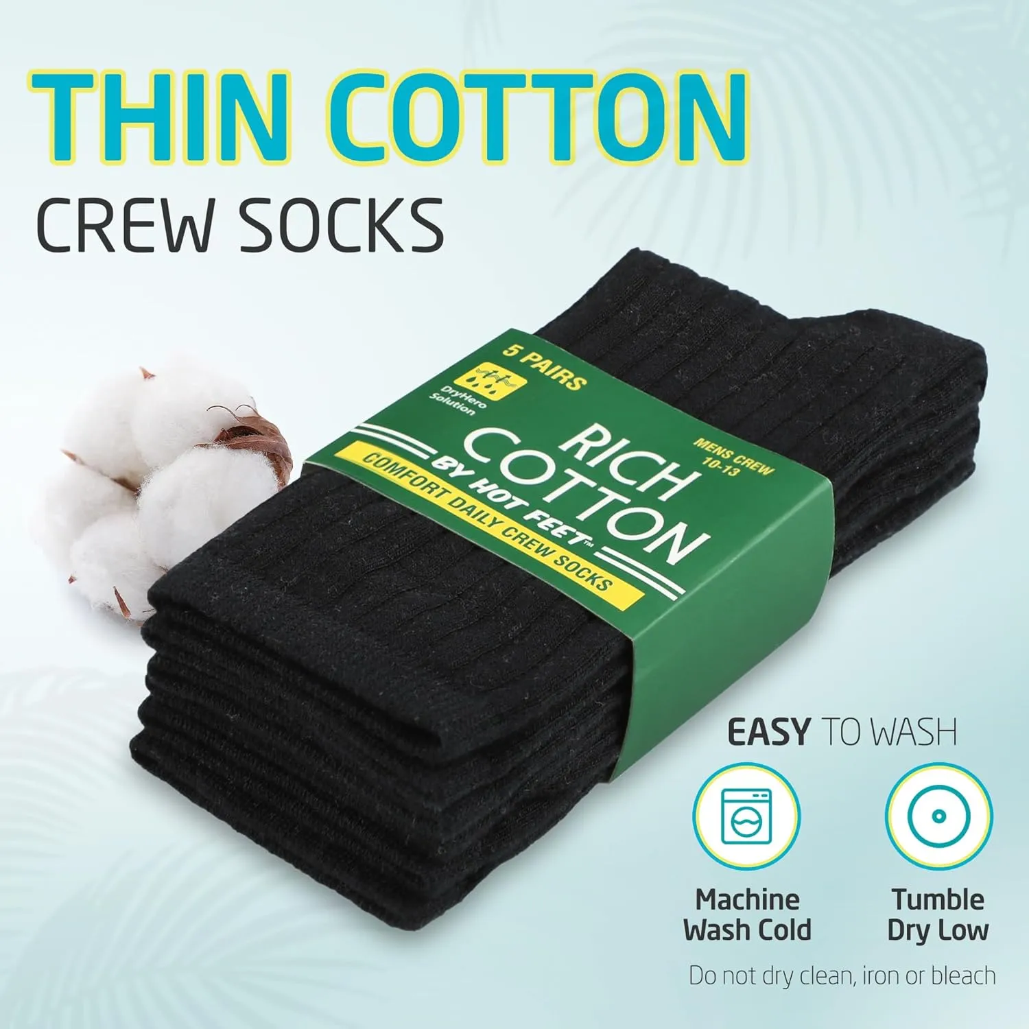 HOT FEET Thin Crew Summer Socks for Men - 5 Pack, Breathable, Moisture Wicking, Lightweight, Ribbed Cotton Socks, Sizes 7-17