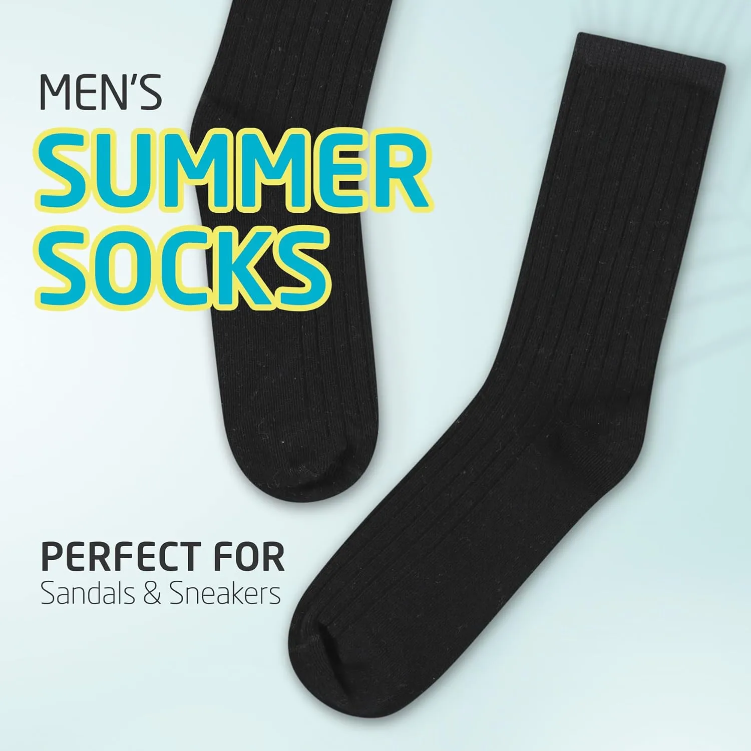 HOT FEET Thin Crew Summer Socks for Men - 5 Pack, Breathable, Moisture Wicking, Lightweight, Ribbed Cotton Socks, Sizes 7-17