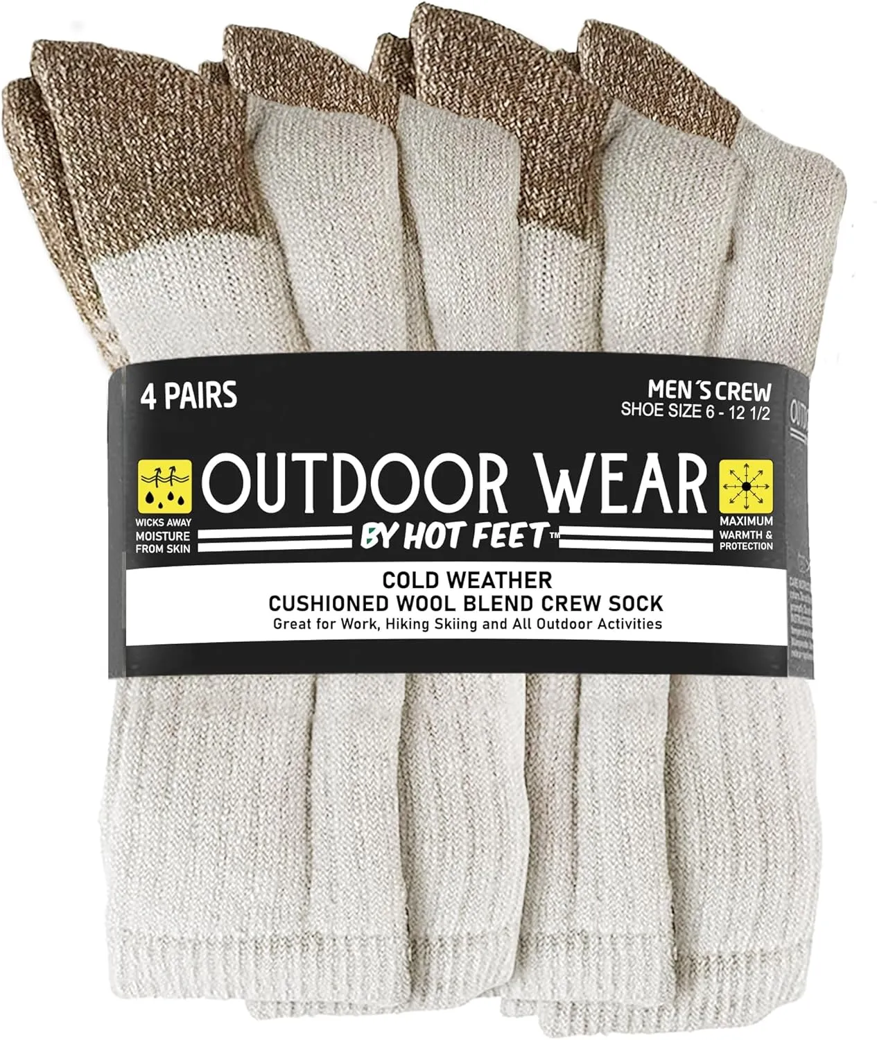 HOT FEET ﻿﻿﻿Wool Work Socks for Men & Women, Thick Winter Moisture Wicking Warm Boot Crew Socks - 4 Pack, Size 4-12.5