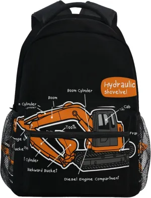 Hydraulic Shovel Excavator Car Backpack Laptop Tablet Travel School Bag with Name Tag for Boys Girls