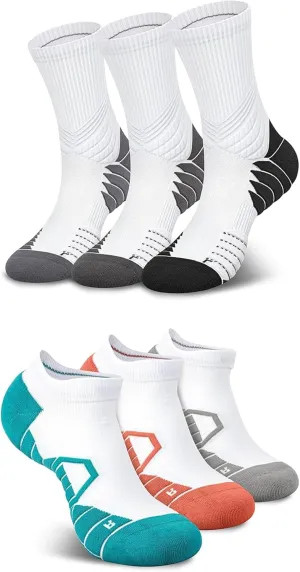 Hylaea 6 Pairs Running Socks for Men, Coolmax Anti-Blister Cushion Socks for Athletic, Padded Moisture Wicking & Seamless Size M Grey & Red Blue Grey