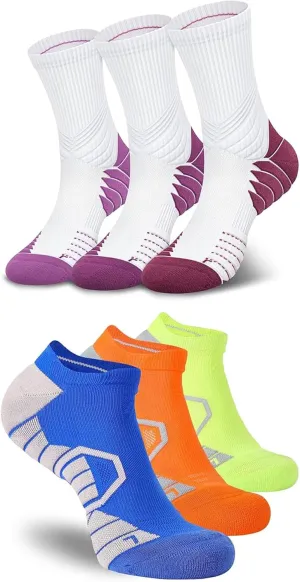 Hylaea 6 Pairs Running Socks for Men, Coolmax Anti-Blister Cushion Socks for Athletic, Padded Moisture Wicking & Seamless Size M Red & Green Blue Orange