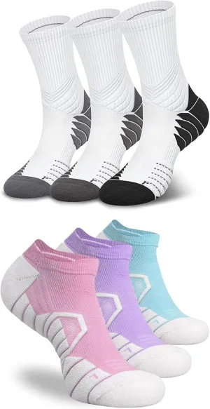 Hylaea 6 Pairs Running Socks for Men, Coolmax Anti-Blister Cushion Socks for Athletic, Padded Moisture Wicking & Seamless Size S Grey & Purple Red Green