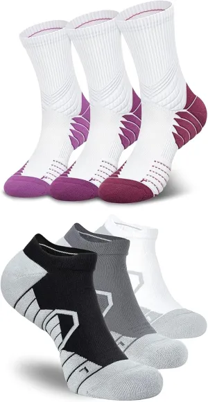 Hylaea 6 Pairs Running Socks for Men, Coolmax Anti-Blister Cushion Socks for Athletic, Padded Moisture Wicking & Seamless Size S Red & Black Grey White