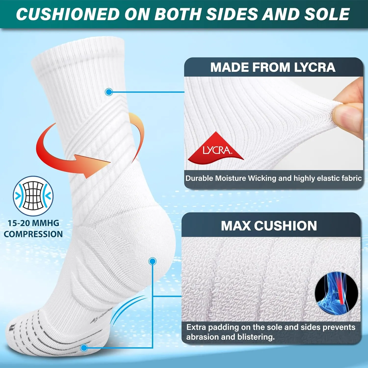 Hylaea Compression Running Socks for Men, Coolmax Anti-Blister Cushion Crew Socks for Athletic Basketball Tennis