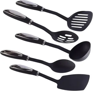 IMIKEYA 1Set Non Stick Kitchenware Set Nylon Cooking Tools with Stainless Steel Handle Includes Spatula Soup Spoon Shovel and More Black Cooking Utensils for Easy Cleanup