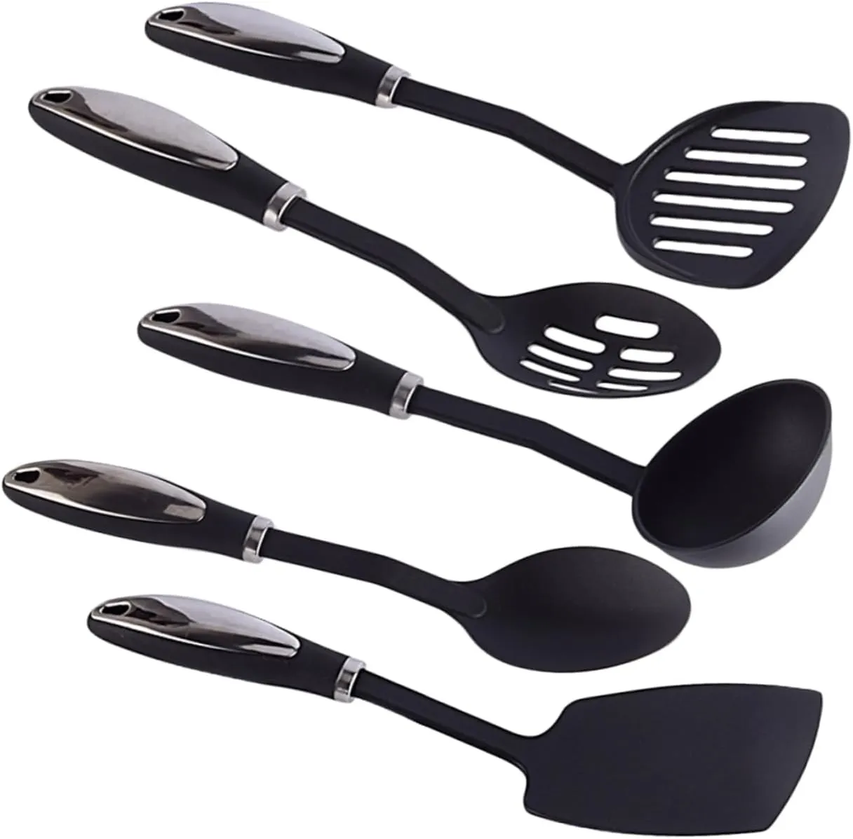 IMIKEYA 1Set Non Stick Kitchenware Set Nylon Cooking Tools with Stainless Steel Handle Includes Spatula Soup Spoon Shovel and More Black Cooking Utensils for Easy Cleanup