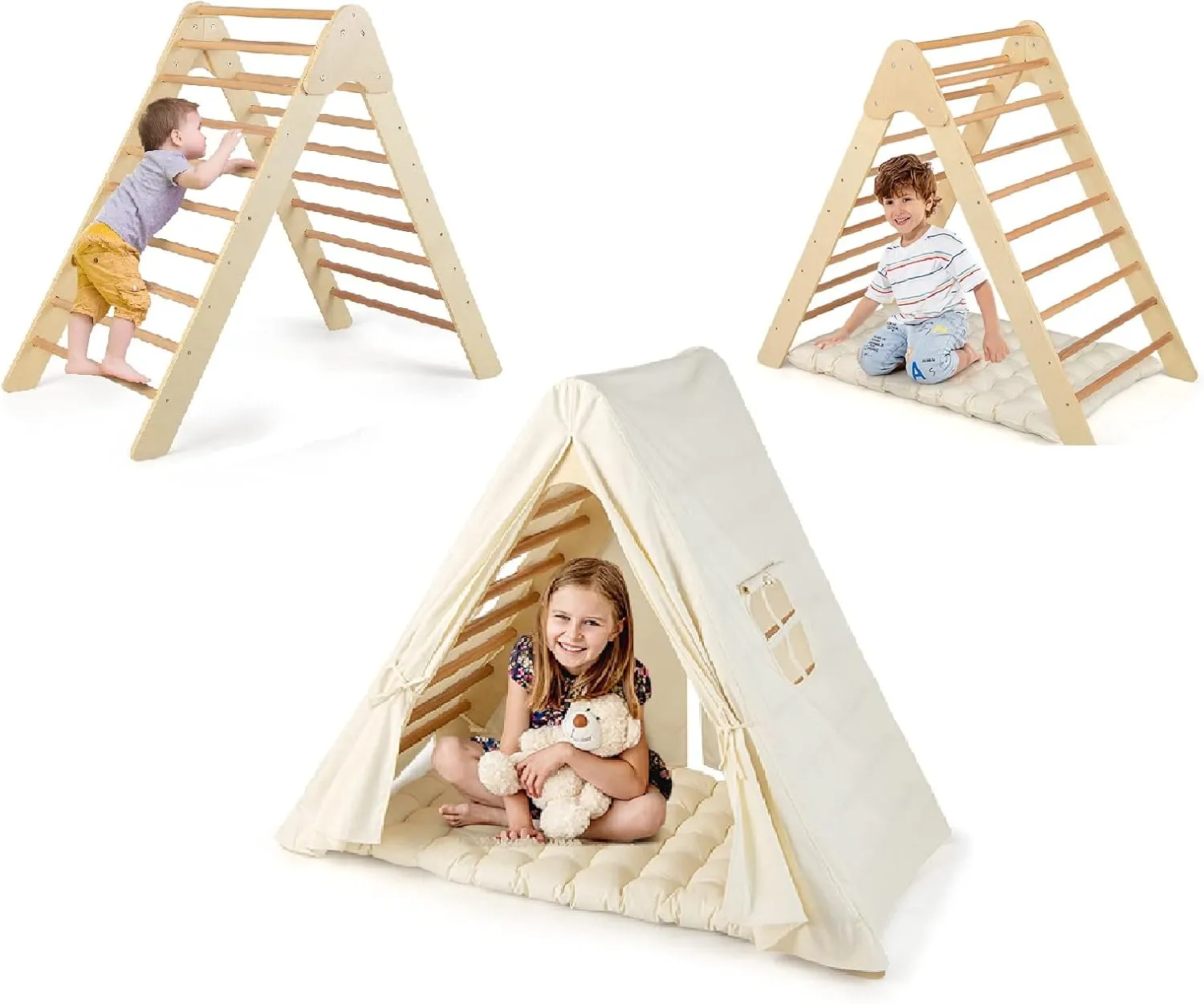 INFANS Triangle Climber with Tent Cushion Pad, 3 in 1 Climbing Triangle LadderToys for Toddlers, Wooden Montessori Climbing Play Set Indoor Outdoor Gym Learning Playset for Kids Boys Girls