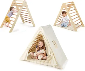 INFANS Triangle Climber with Tent Cushion Pad, 3 in 1 Climbing Triangle LadderToys for Toddlers, Wooden Montessori Climbing Play Set Indoor Outdoor Gym Learning Playset for Kids Boys Girls