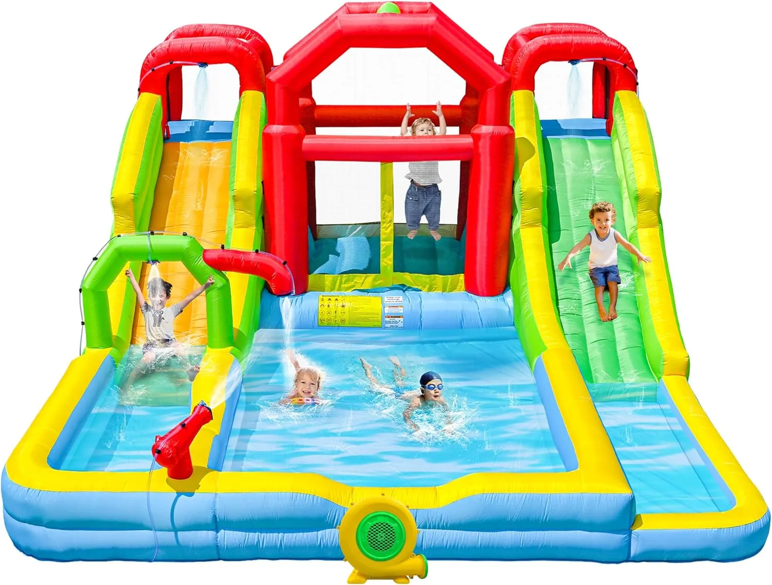 Inflatable Water Double Slides Park with Blower, Shade Tent Bounce House with 2 Climbing Walls, 3 Water Pools, 226x168x98 Inch