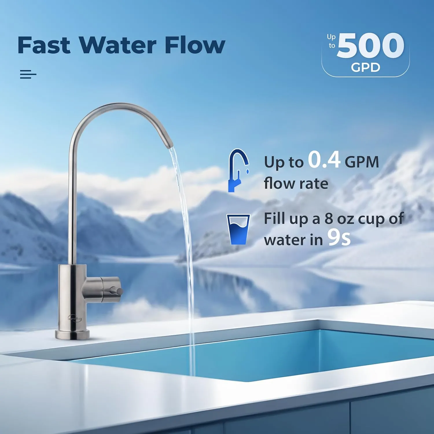 iSpring RO500AK-BN Reverse Osmosis Water Filter, NSF 58 Certified, 500 GPD Tankless Under Sink RO System, Natural pH Alkaline Remineralization, 2:1 Pure to Drain Ratio, Brushed Nickel Faucet