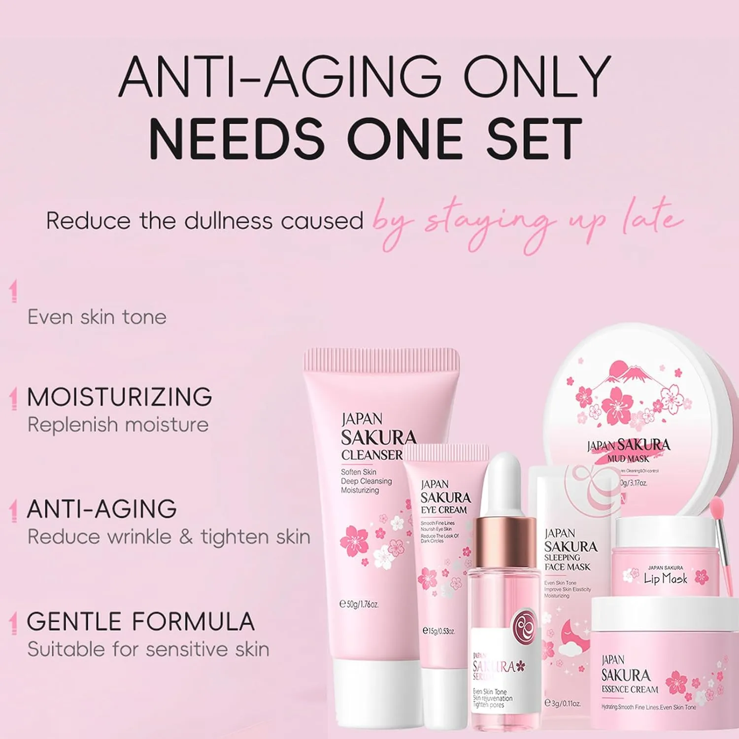 Japan Sakura Skincare Set 7PCS-Teenage Skin Care Set-Skin Care for Teens 10-12-Skincare for Girls 10-12-Teen Skin Care Kit with Cleanser,Face Cream,Mud Mask,Eye Cream (One Size, Starter Moiturizing)