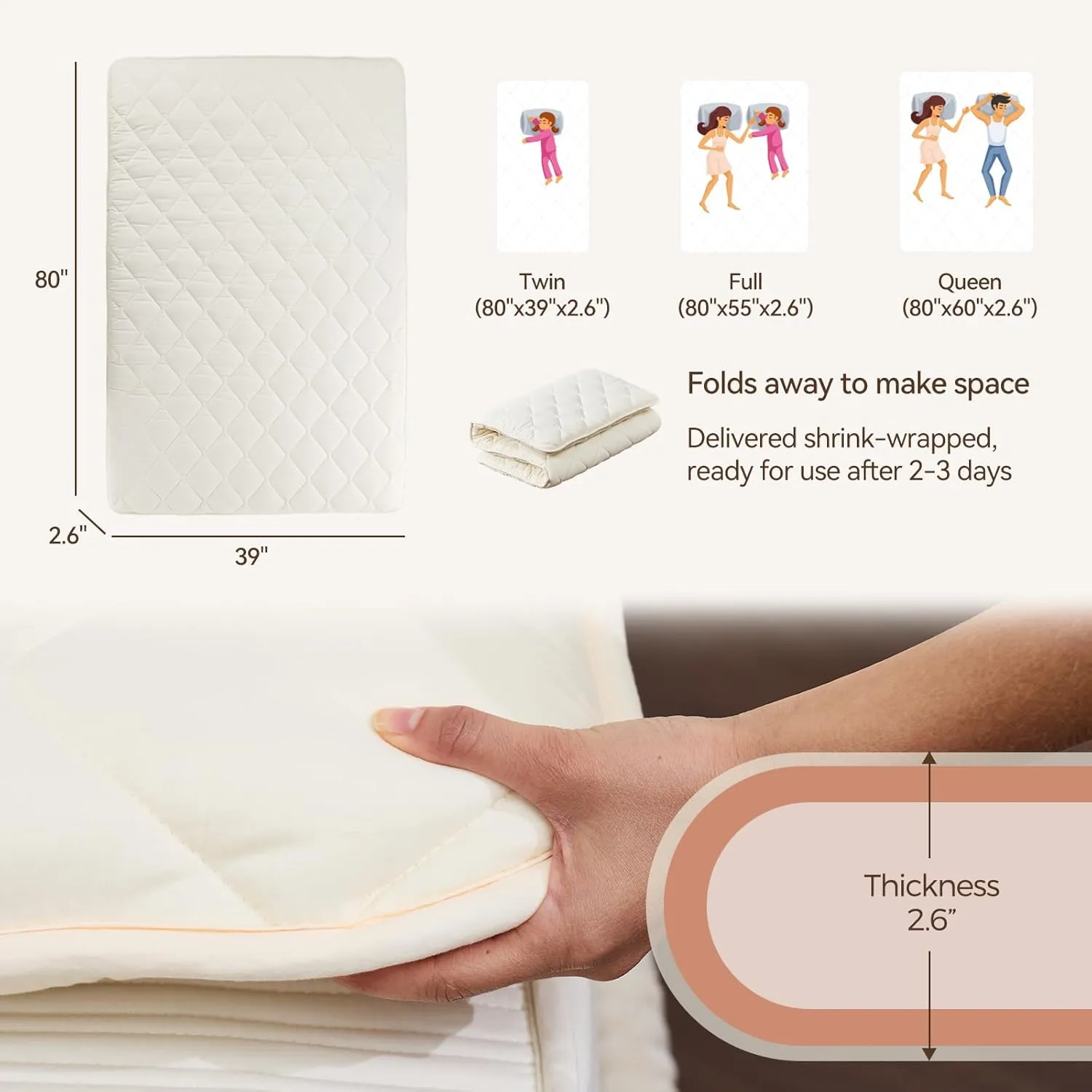 Japanese Floor Mattress with Washable Cover, Folding Futon Mattresss, Tatami Mat Sleeping Pad with Thicken Memory Foam, Roll Up Floor Lounger Bed for Kids Adults (Full 80"×55"×2.6")