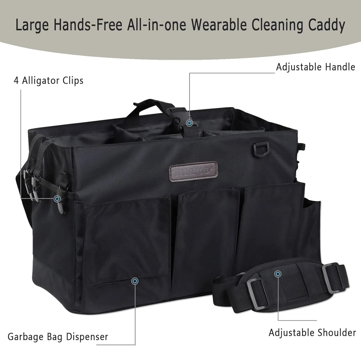 Jillmo Large Wearable Cleaning Caddy for Cleaning Supplies, Caddy Organizer with Handle and Shoulder and Waist Straps, Cleaning Caddy Bags for Housekeepers & Cleaners (Black)