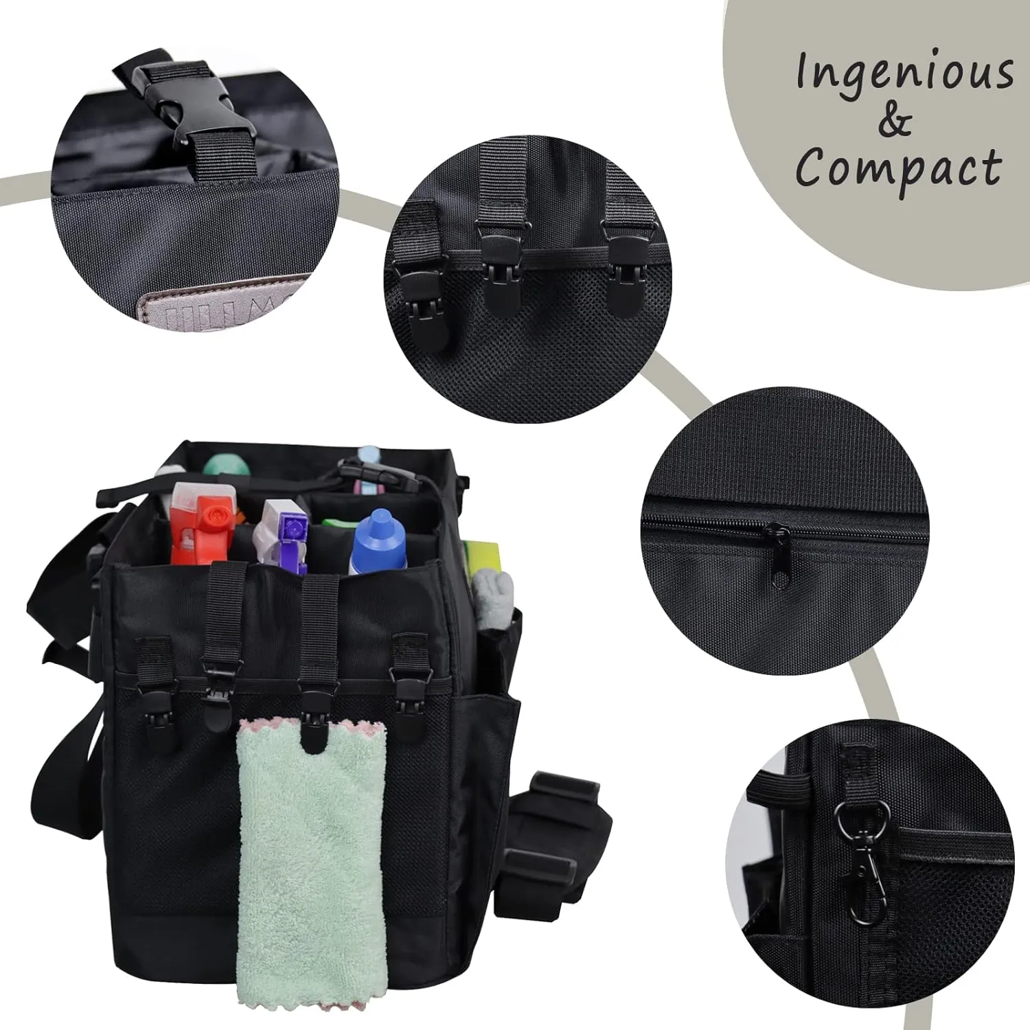 Jillmo Large Wearable Cleaning Caddy for Cleaning Supplies, Caddy Organizer with Handle and Shoulder and Waist Straps, Cleaning Caddy Bags for Housekeepers & Cleaners (Black)