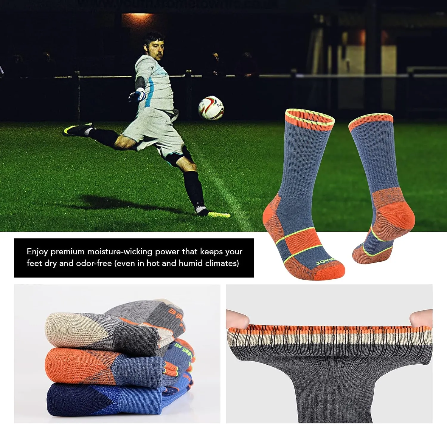 JOYNÉE Mens Crew Full Cushion Athletic Running Socks with Moisture Wicking Mid-Calf Casual Socks 6 Pack