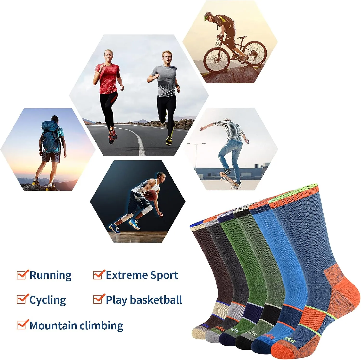 JOYNÉE Mens Crew Full Cushion Athletic Running Socks with Moisture Wicking Mid-Calf Casual Socks 6 Pack
