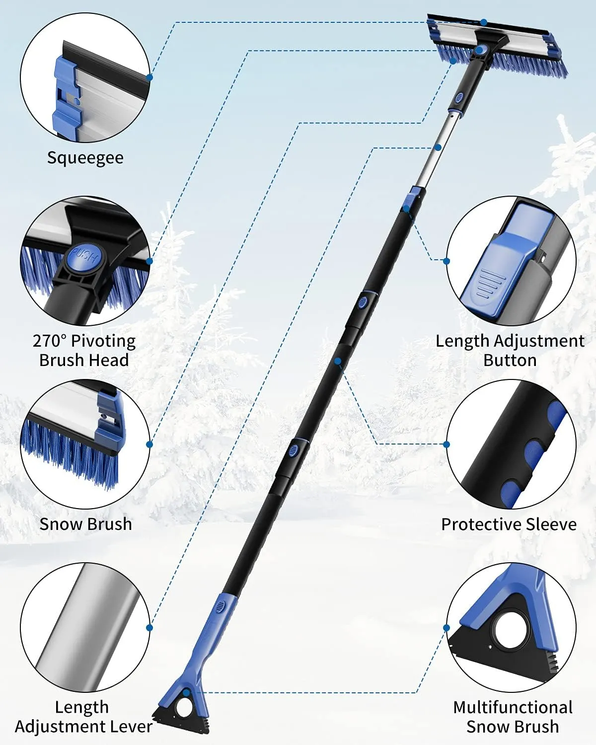 JOYTUTUS 61.3″ Ice Scraper and Long Handle Snow Brush, 270° Pivoting Extendable Car Snow Scraper Brush for Car Windshield, Telescoping Ice Scraper, Snow Remover for Cars, Trucks, SUV (Blue)