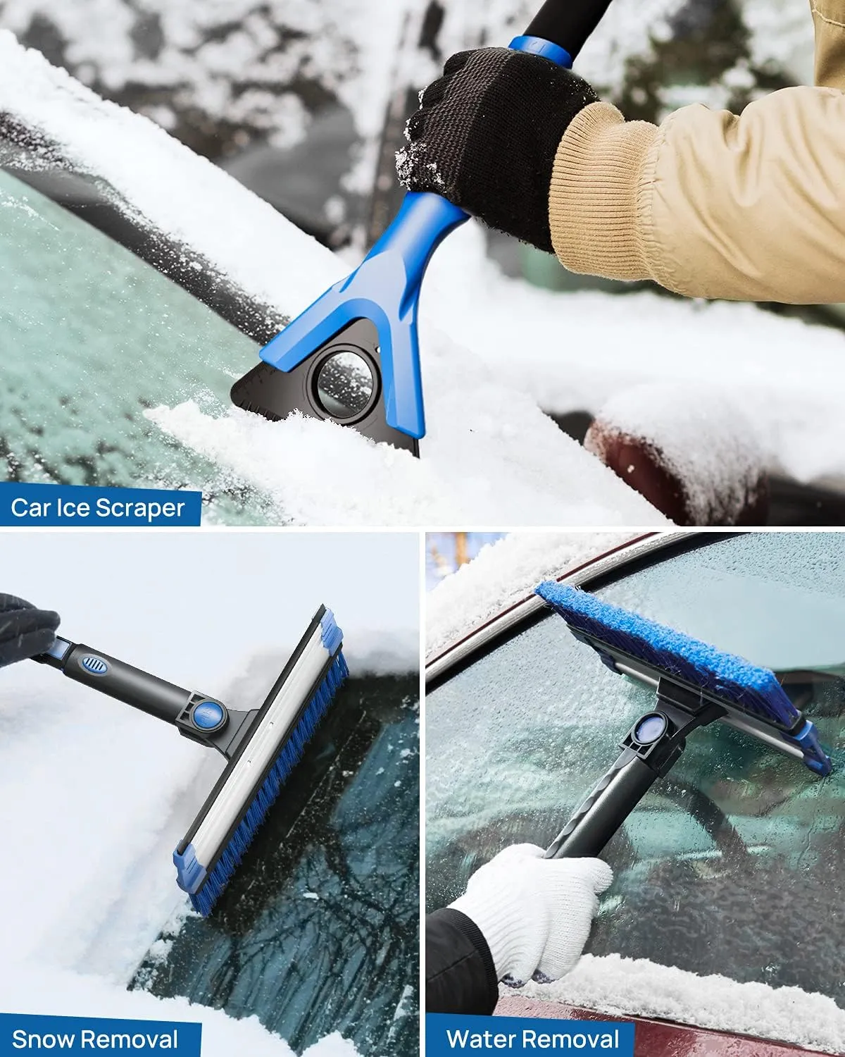 JOYTUTUS 61.3″ Ice Scraper and Long Handle Snow Brush, 270° Pivoting Extendable Car Snow Scraper Brush for Car Windshield, Telescoping Ice Scraper, Snow Remover for Cars, Trucks, SUV (Blue)