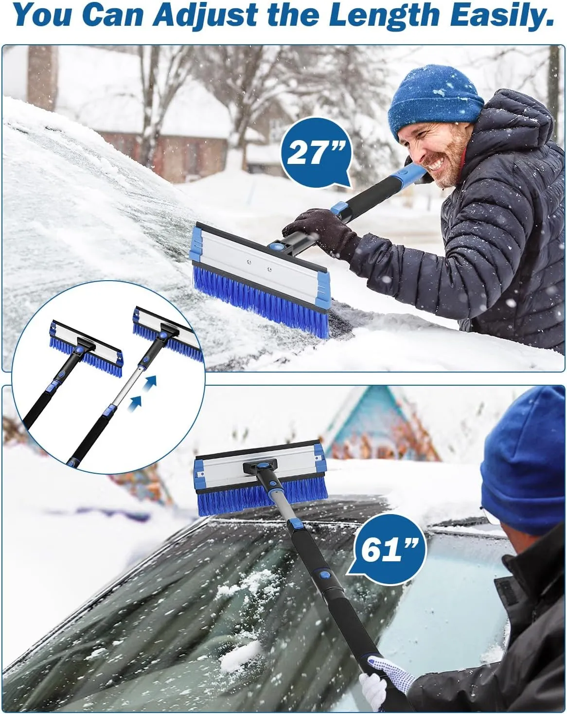 JOYTUTUS 61.3″ Ice Scraper and Long Handle Snow Brush, 270° Pivoting Extendable Car Snow Scraper Brush for Car Windshield, Telescoping Ice Scraper, Snow Remover for Cars, Trucks, SUV (Blue)
