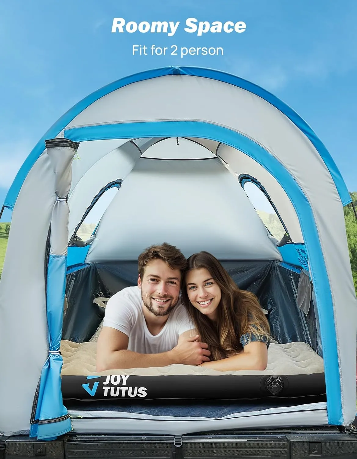 JOYTUTUS Truck Tent with Rainfly 5.0Ft, Straight Spacious Truck Bed Tent with Sky View Mesh, Waterproof PU2000mm Double Layer for 2 Person, Gray Blue