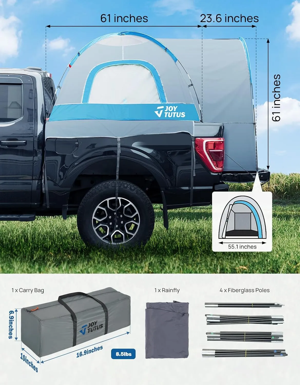 JOYTUTUS Truck Tent with Rainfly 5.0Ft, Straight Spacious Truck Bed Tent with Sky View Mesh, Waterproof PU2000mm Double Layer for 2 Person, Gray Blue