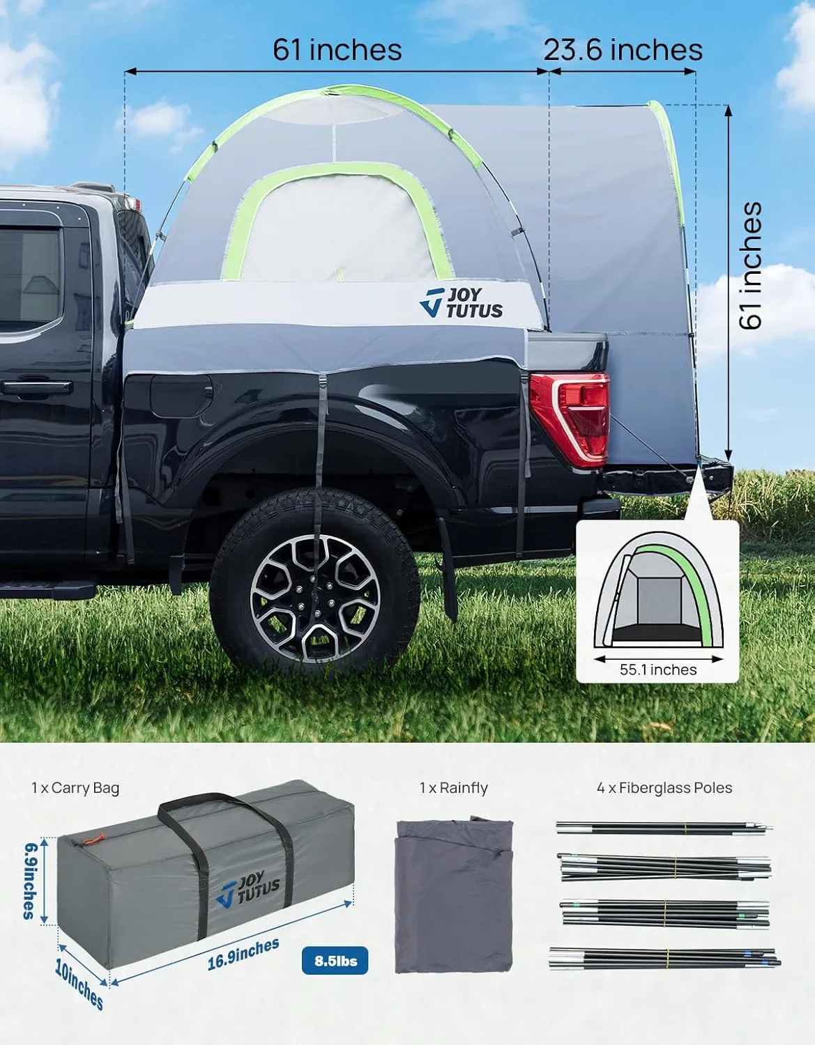 JOYTUTUS Truck Tent with Rainfly 5.0Ft, Straight Spacious Truck Bed Tent with Sky View Mesh, Waterproof PU2000mm Double Layer for 2 Person, Gray Green