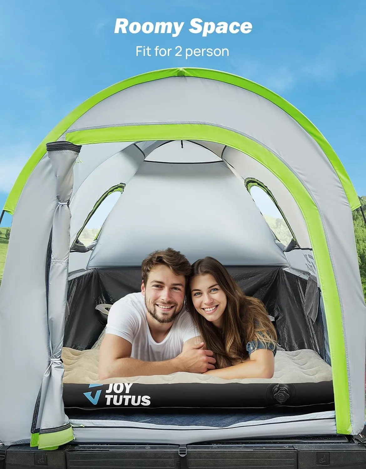 JOYTUTUS Truck Tent with Rainfly 5.0Ft, Straight Spacious Truck Bed Tent with Sky View Mesh, Waterproof PU2000mm Double Layer for 2 Person, Gray Green