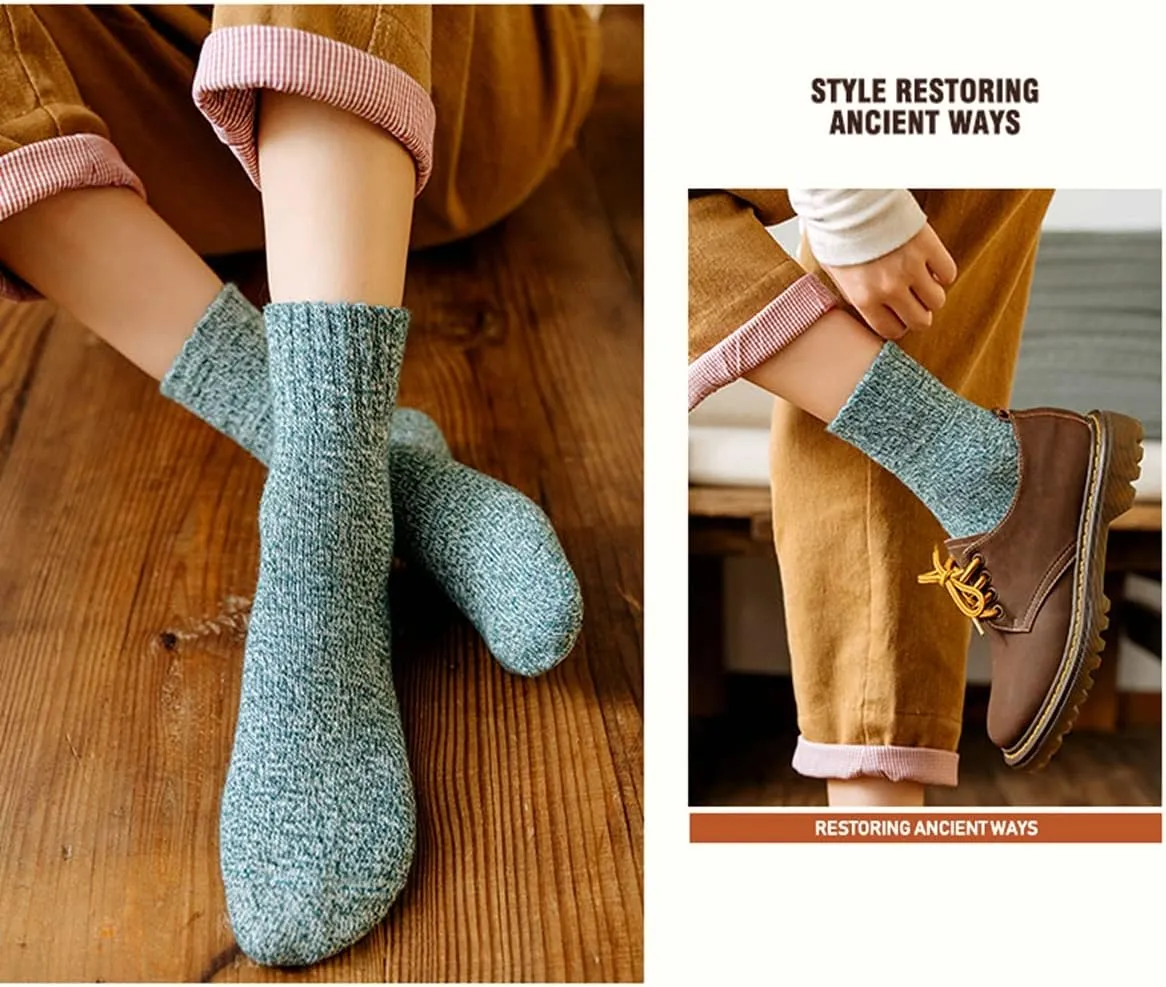 JUNAN 5Pairs Ladies thermal Winter socks, Womens Thick Knitting Warm & comfy Wool Crew Vintage Style Sock
