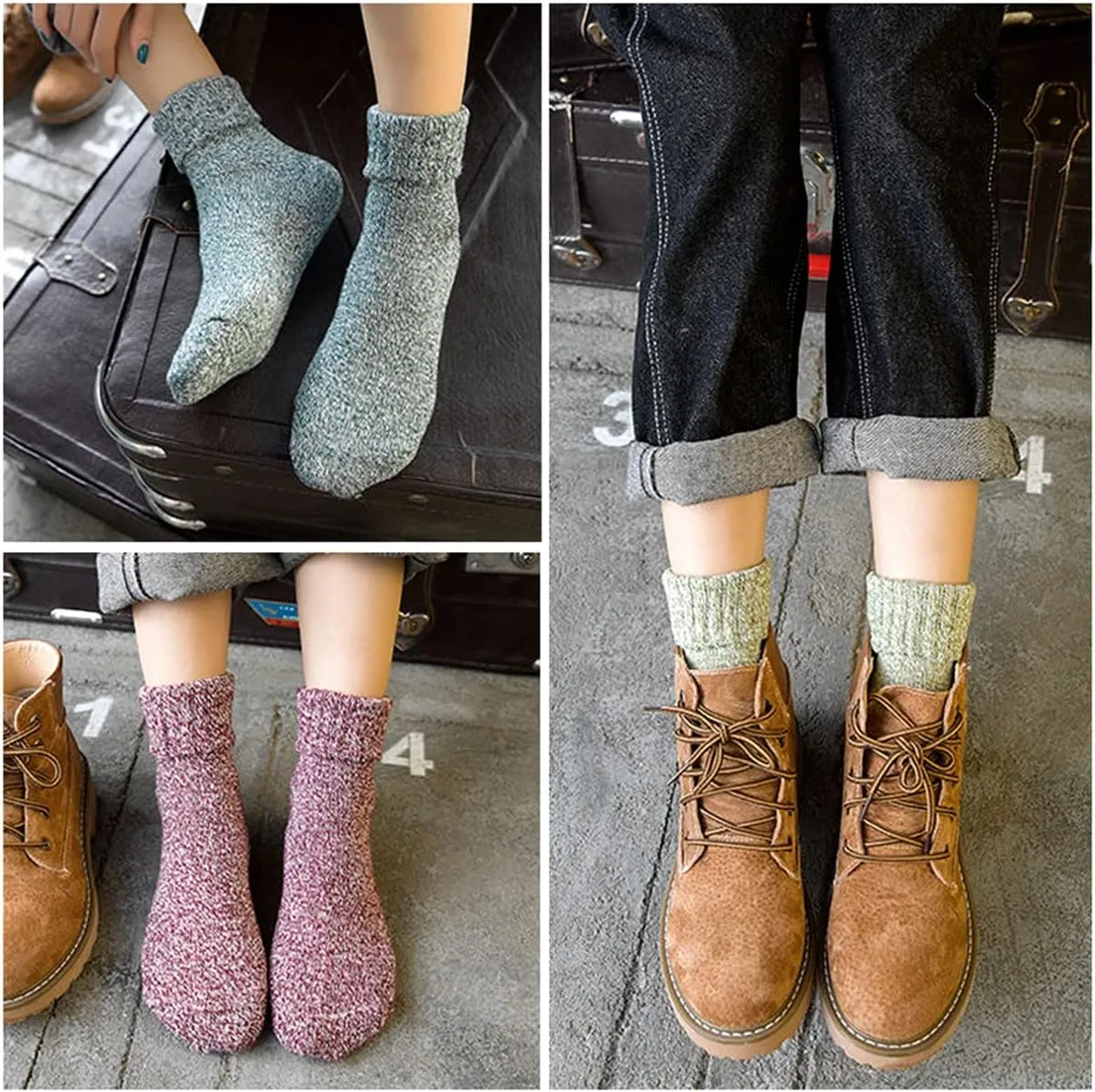 JUNAN 5Pairs Ladies thermal Winter socks, Womens Thick Knitting Warm & comfy Wool Crew Vintage Style Sock