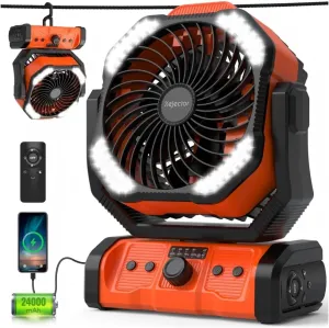 kejector Portable Camping Fan Rechargeable - 24000mAh 3-in-1 Battery Powered Fan with LED Lights, USB C, Auto Oscillating Portable Fan for Tents, Travel, BBQ, Fishing, Home, Office, Camper Essentials