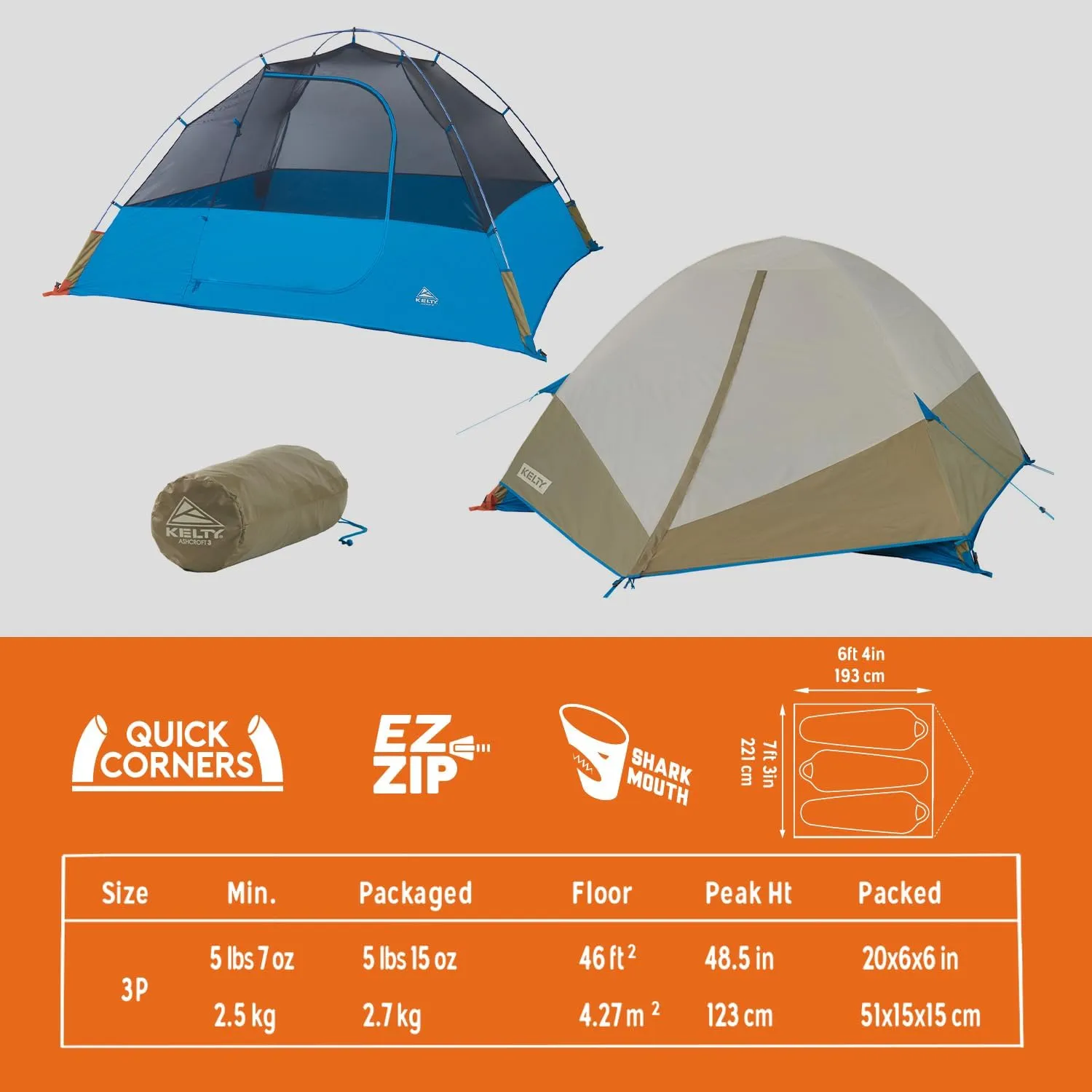 Kelty Ashcroft Camp Tent - 1, 2 or 3 Person Camping Shelter with Full Coverage Rainfly, Lightweight Aluminum Poles, Camping Backpacking Festival Shelter