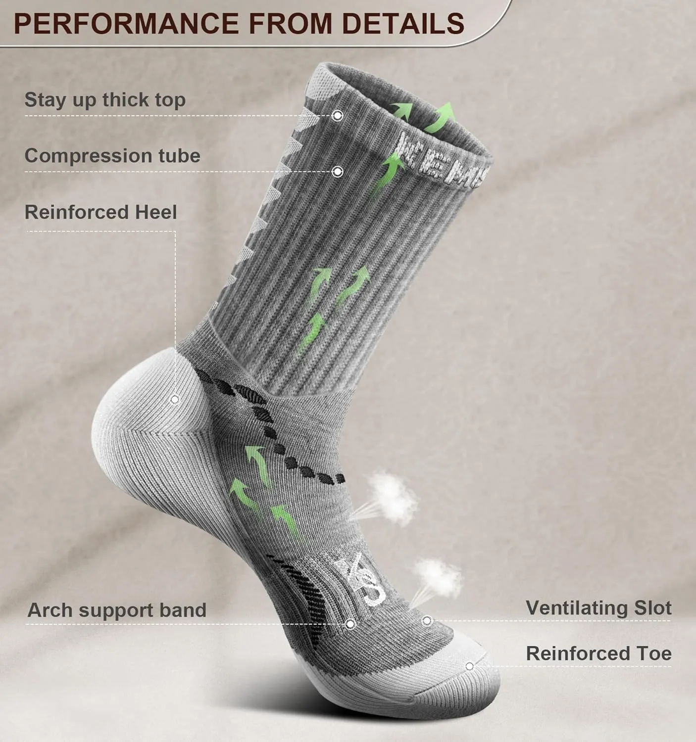 KEMISANT Men Socks, Athletic Running Socks Compression Wicking For Men Sports Hiking Fishing Cushioned Sole Arch Support
