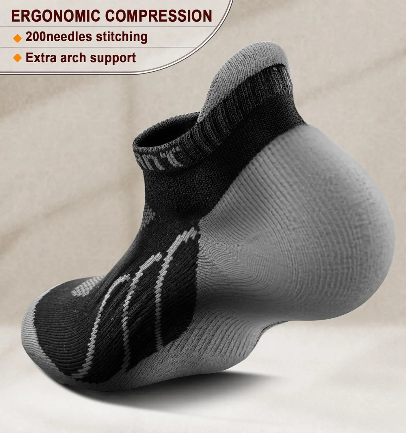 KEMISANT Mens Running Socks 6 Pairs-Athletic Compression Ankle Socks Cushioned for Men Walking-Arch Compression Support