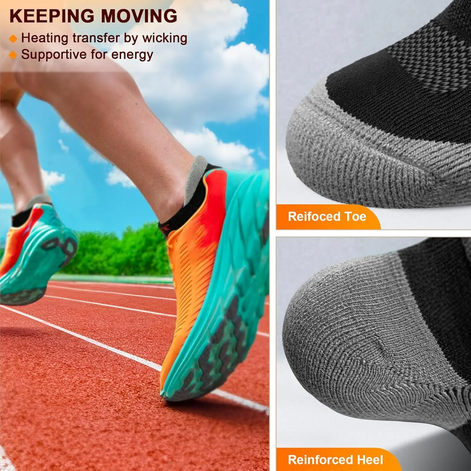KEMISANT Mens Running Socks 6 Pairs-Athletic Compression Ankle Socks Cushioned for Men Walking-Arch Compression Support