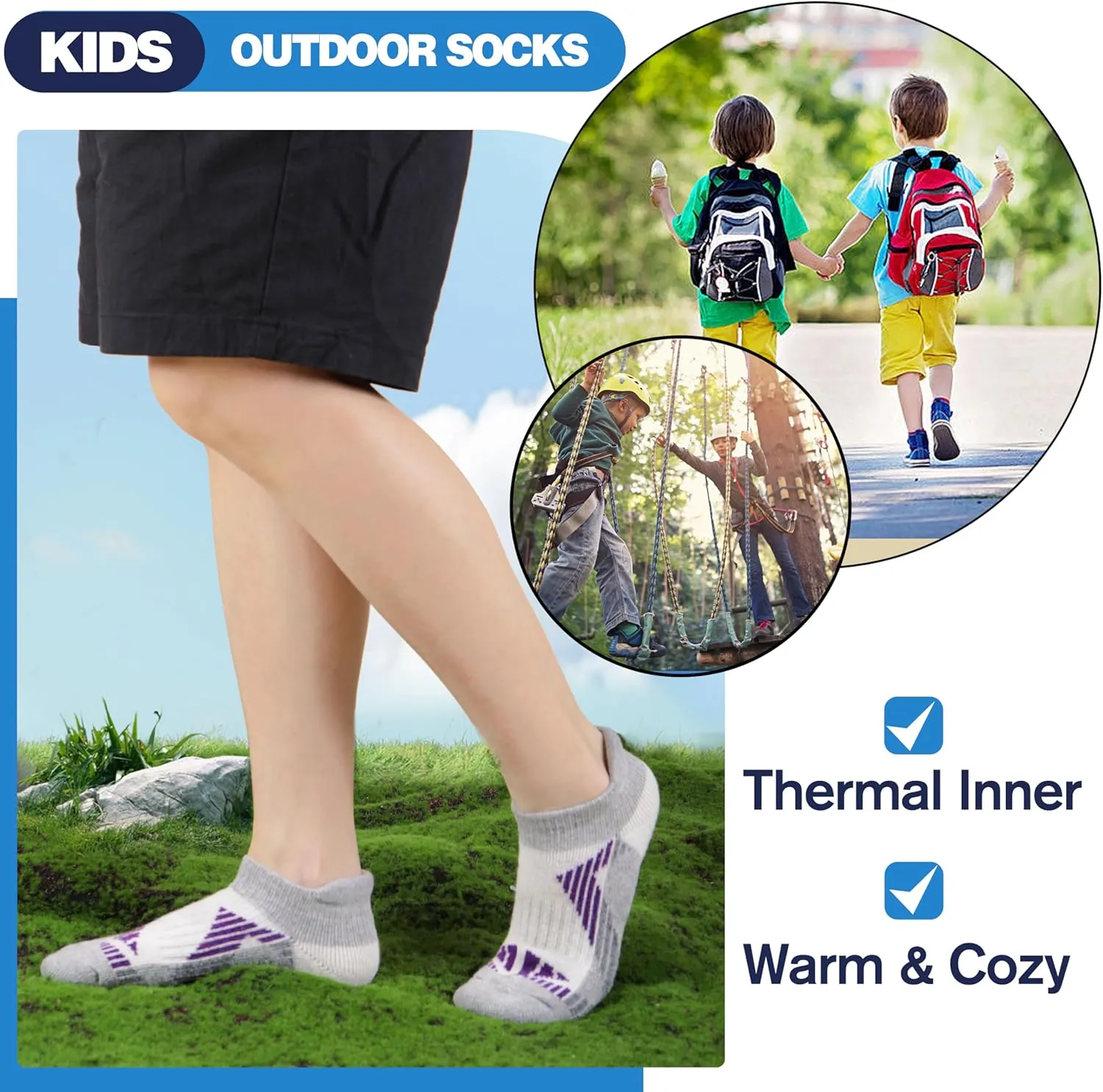 Kids Merino Wool Ankle Hiking Athletic Running Socks Girls Boys Teens Thermal Winter Cozy Warm Thick No Show Socks 6 Pairs