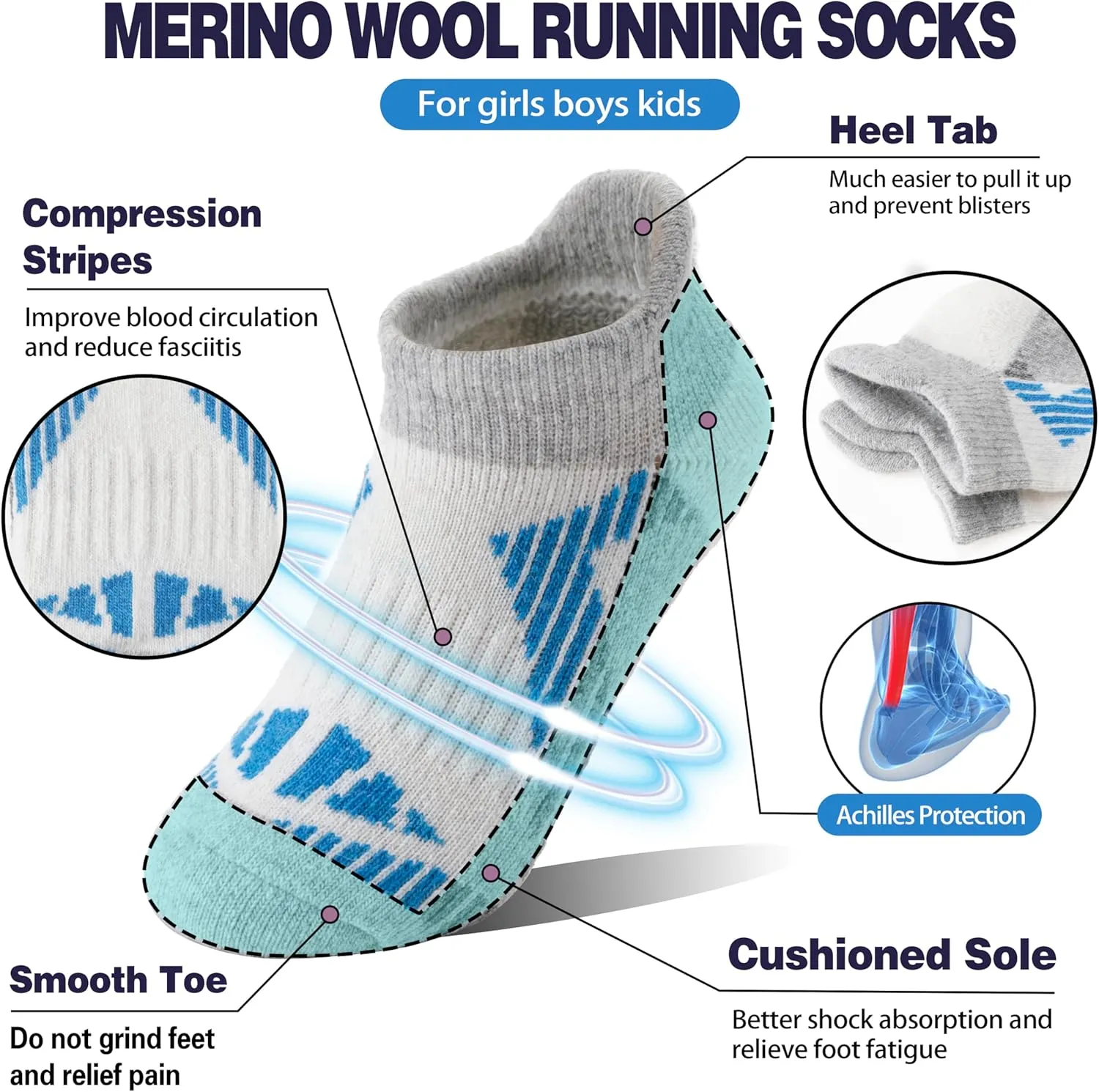 Kids Merino Wool Ankle Hiking Athletic Running Socks Girls Boys Teens Thermal Winter Cozy Warm Thick No Show Socks 6 Pairs