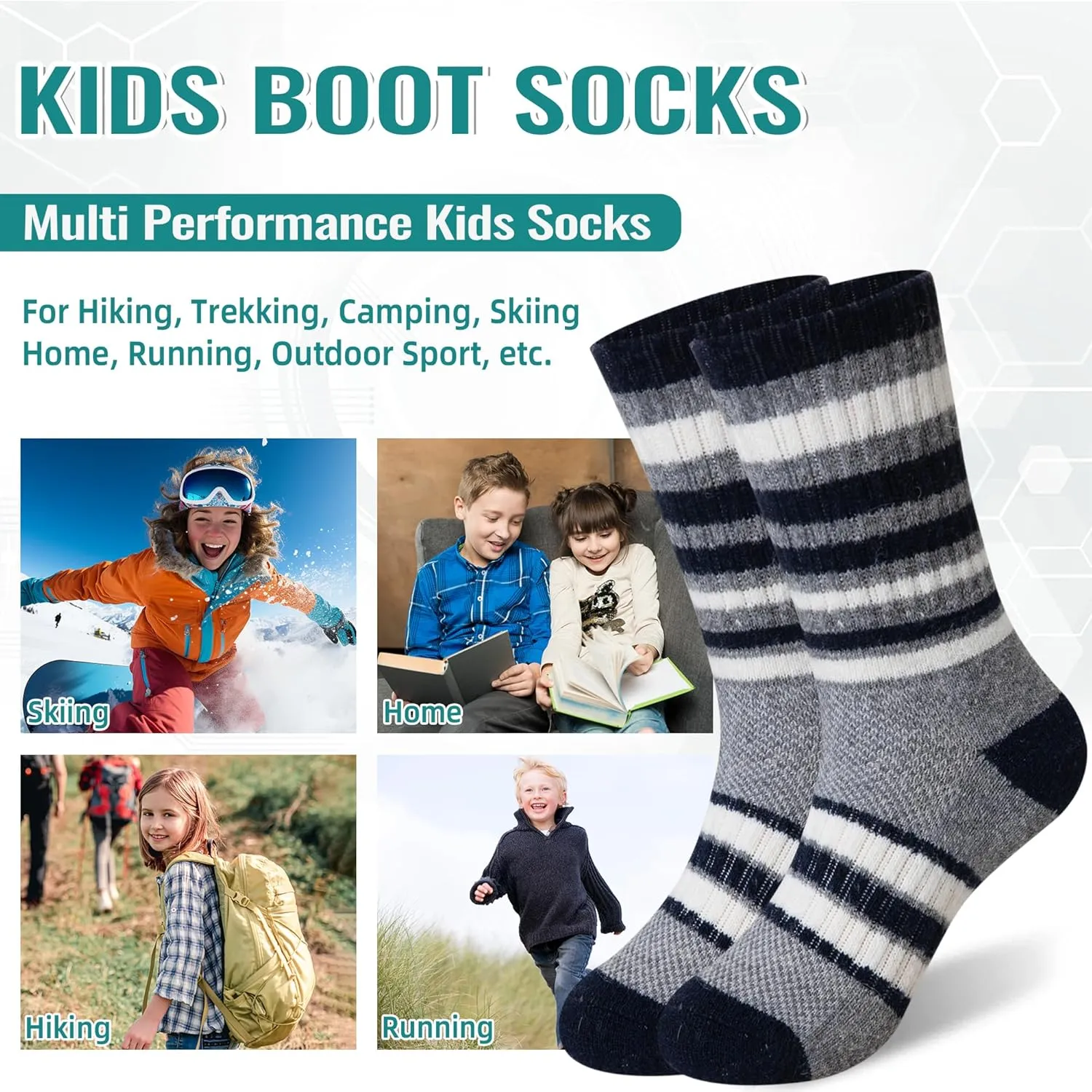 Kids Merino Wool Hiking Socks Toddlers Boys Girls Thermal Warm Winter Cushion Moisture Wicking Crew Boot Socks 6 Pairs