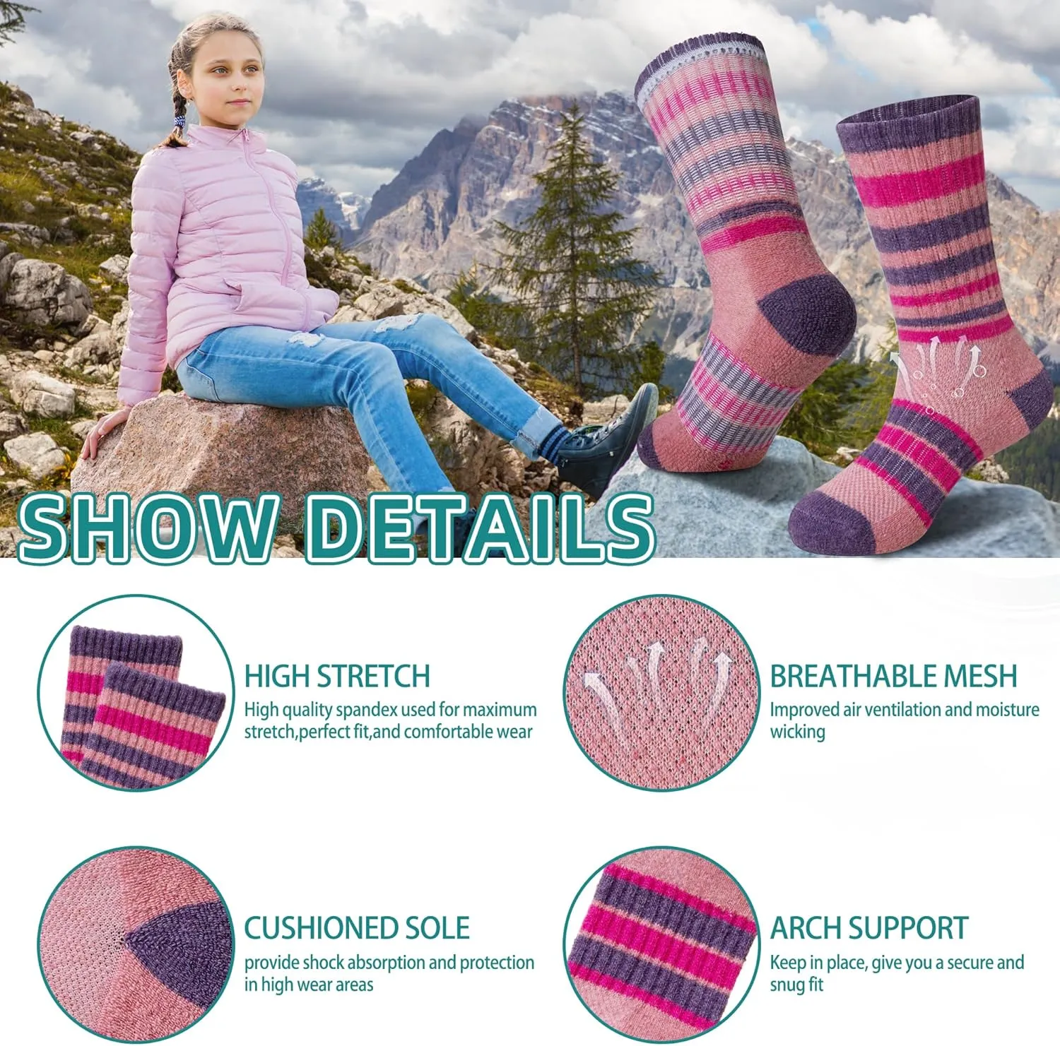 Kids Merino Wool Hiking Socks Toddlers Boys Girls Thermal Warm Winter Cushion Moisture Wicking Crew Boot Socks 6 Pairs