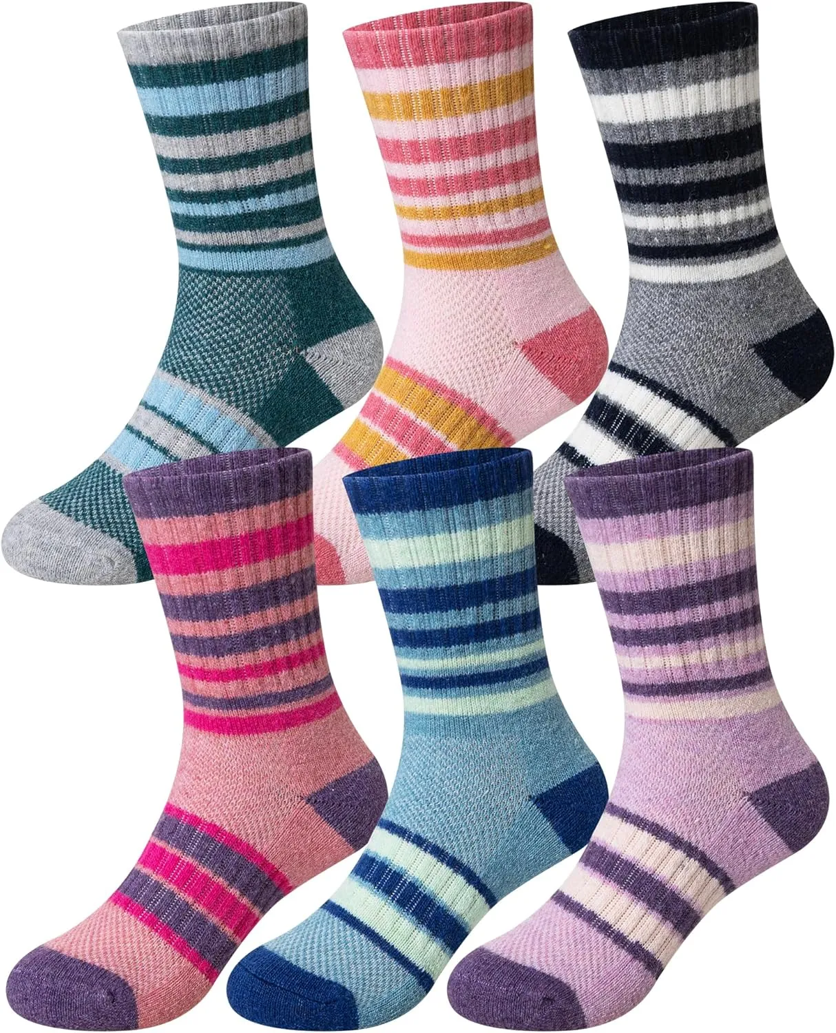 Kids Merino Wool Hiking Socks Toddlers Boys Girls Thermal Warm Winter Cushion Moisture Wicking Crew Boot Socks 6 Pairs