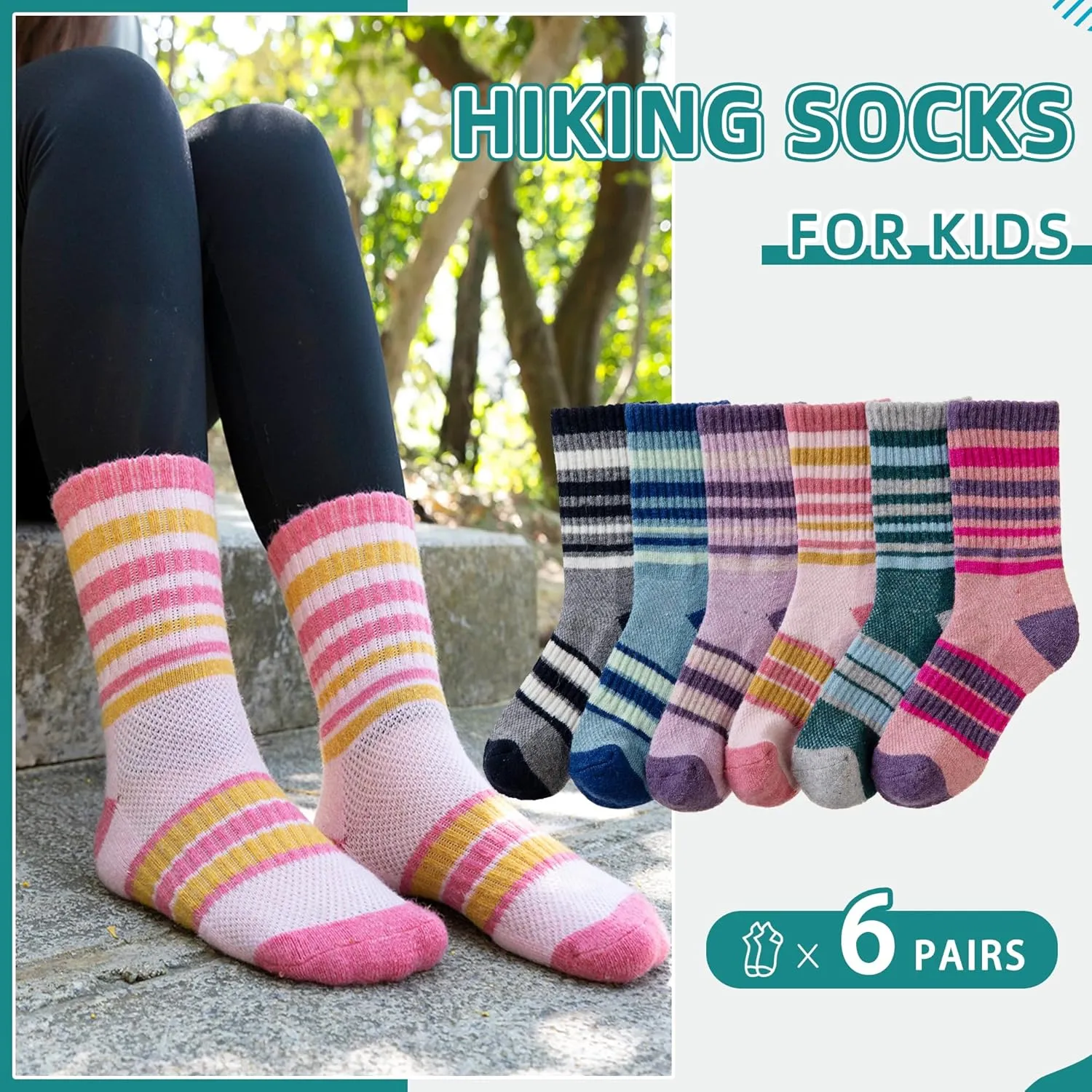Kids Merino Wool Hiking Socks Toddlers Boys Girls Thermal Warm Winter Cushion Moisture Wicking Crew Boot Socks 6 Pairs