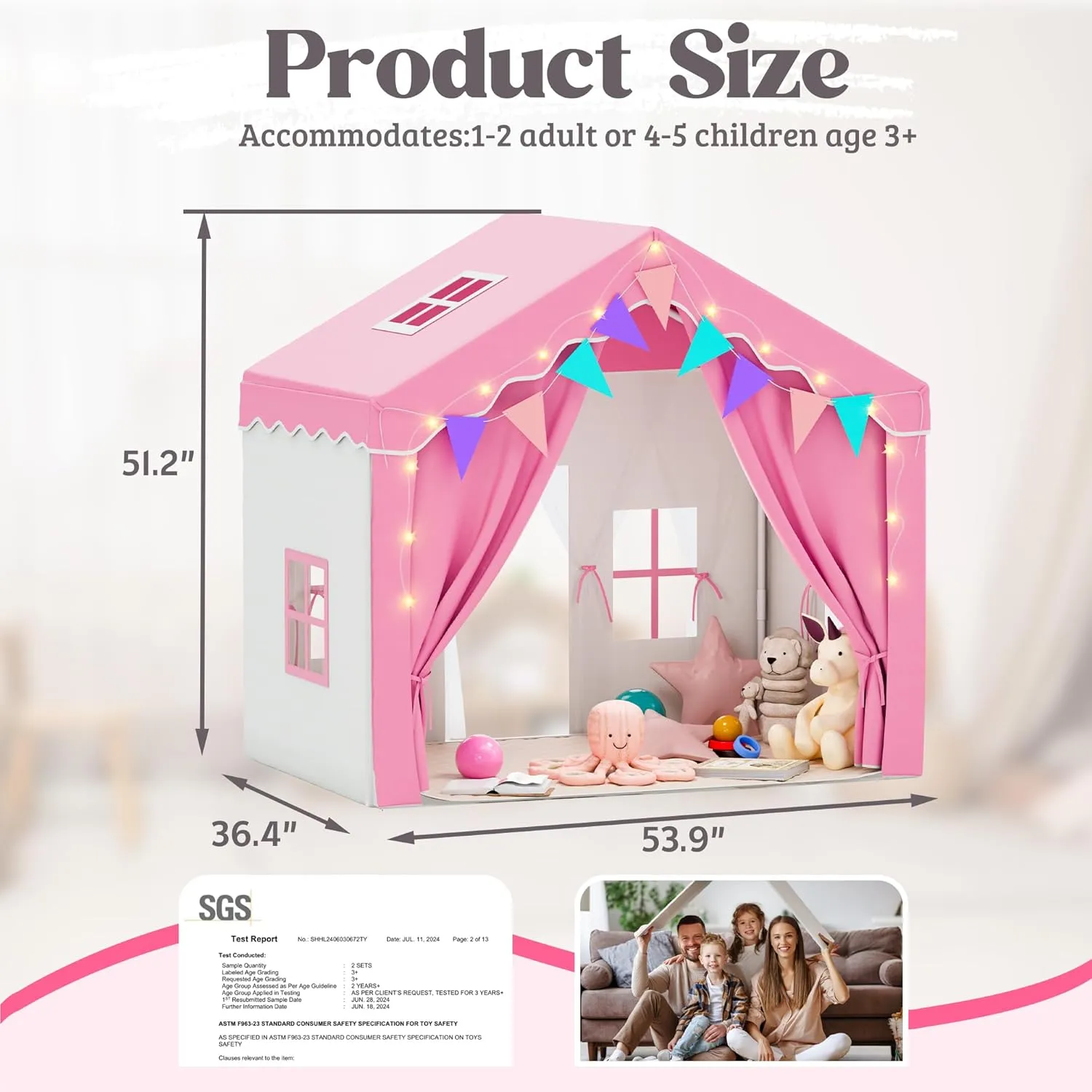 Kids Tent,Indoor & Outdoor Kid Playhouse 2 in 1 with Lights and Mat,54" x36.5" x 51" Large Play Tents with 2 Doors & 5 Windows,Pink