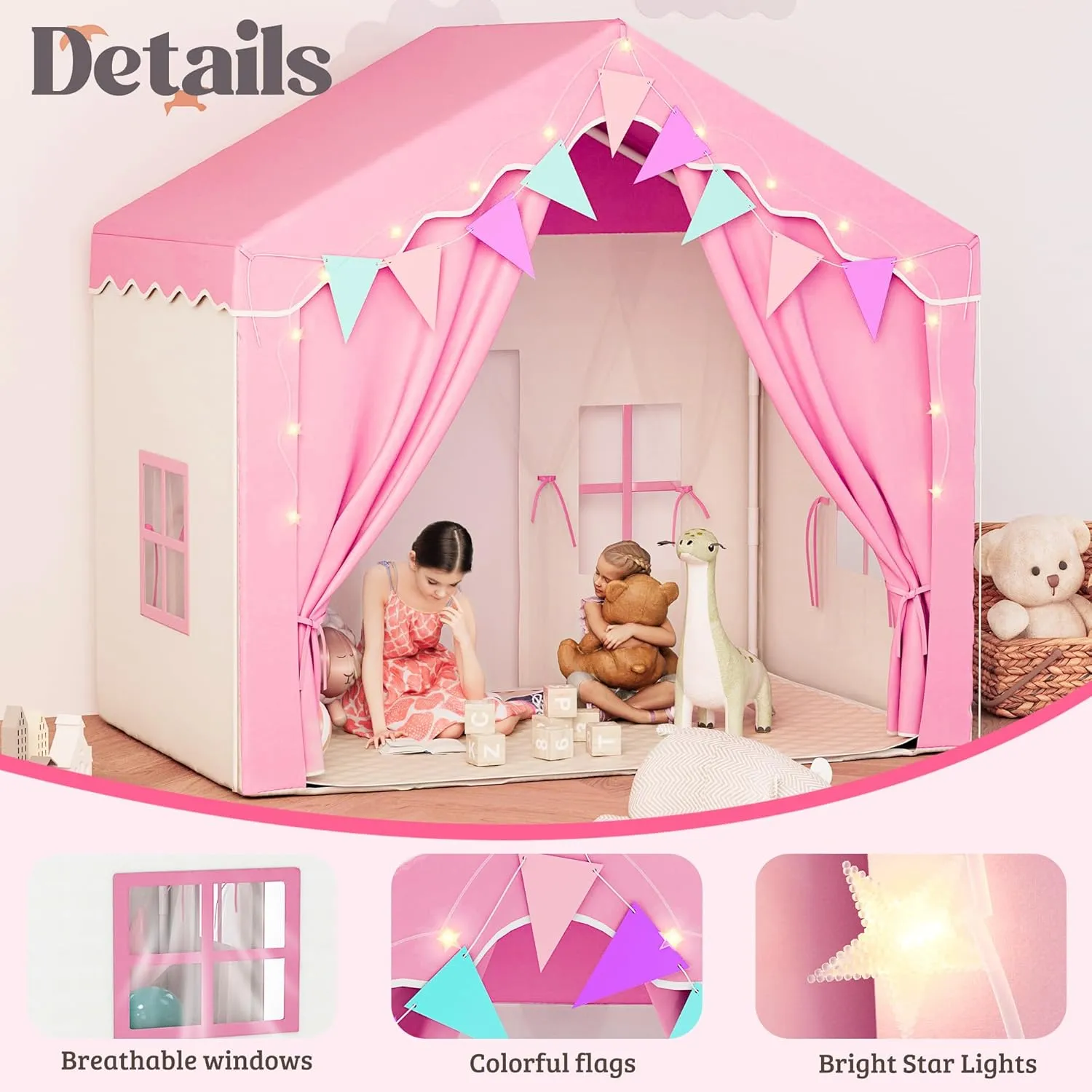 Kids Tent,Indoor & Outdoor Kid Playhouse 2 in 1 with Lights and Mat,54" x36.5" x 51" Large Play Tents with 2 Doors & 5 Windows,Pink