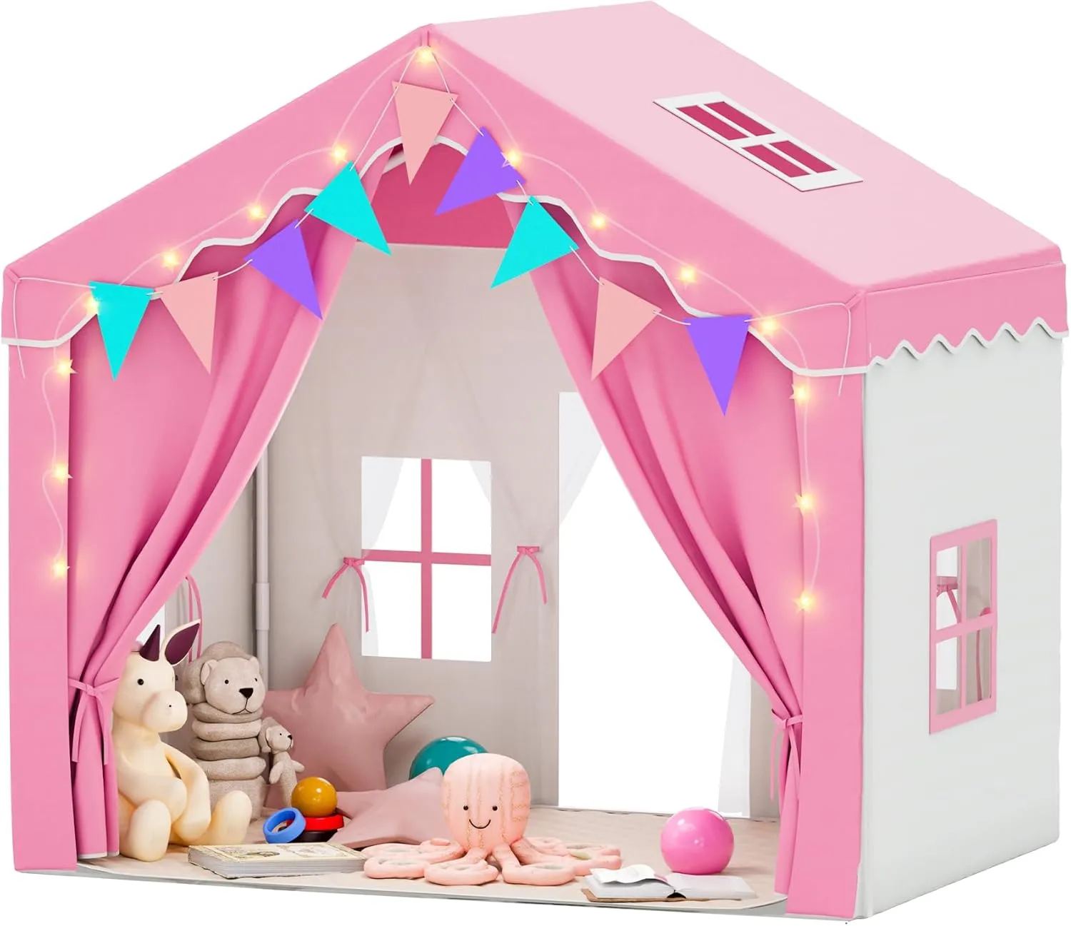 Kids Tent,Indoor & Outdoor Kid Playhouse 2 in 1 with Lights and Mat,54" x36.5" x 51" Large Play Tents with 2 Doors & 5 Windows,Pink