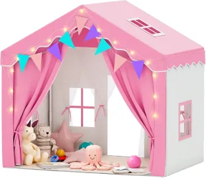 Kids Tent,Indoor & Outdoor Kid Playhouse 2 in 1 with Lights and Mat,54" x36.5" x 51" Large Play Tents with 2 Doors & 5 Windows,Pink
