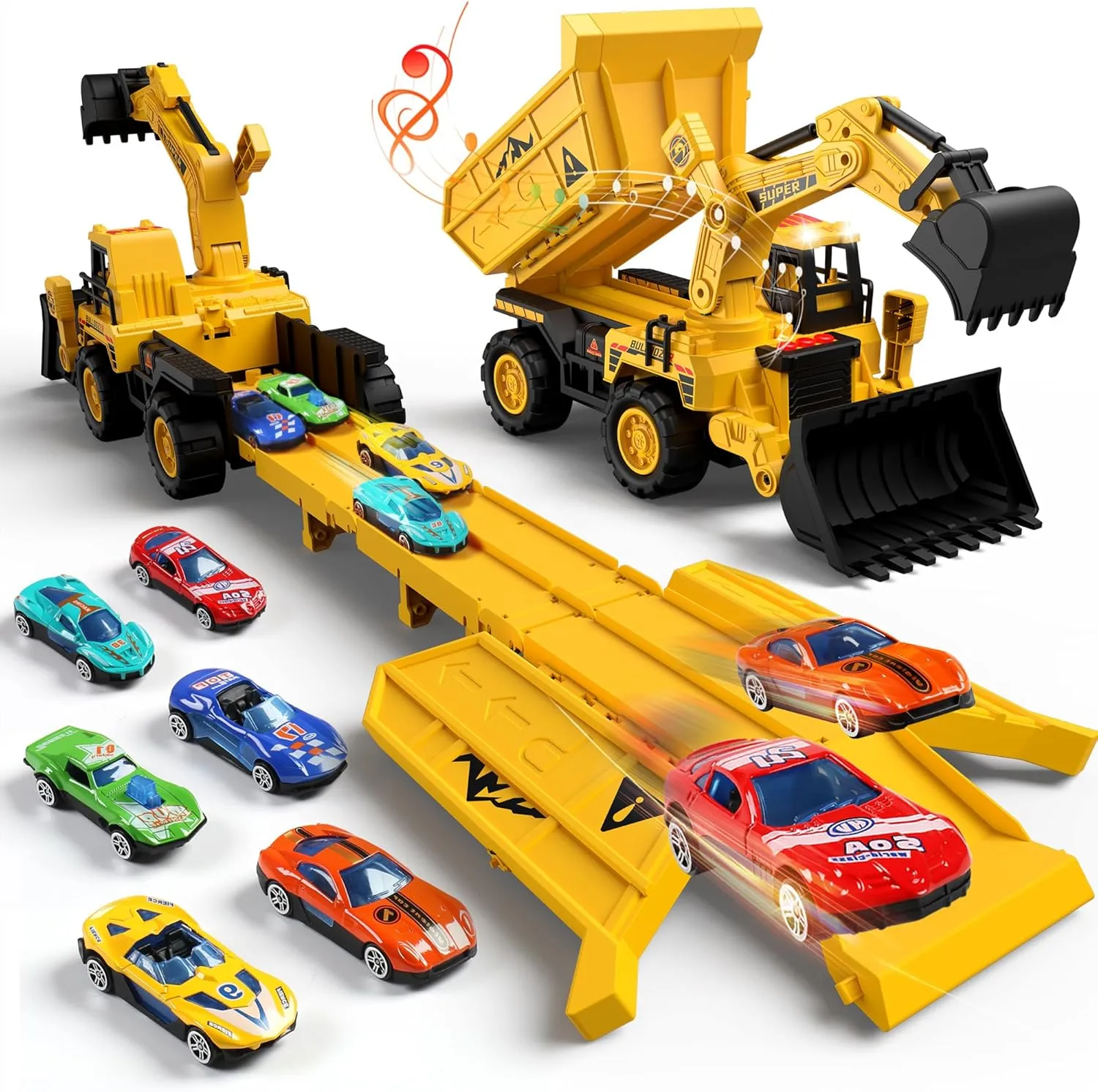 Kids Truck Toys for Kids 3-5,Construction Toys 4-in-1 Dump Trucks, Excavator, Bulldozer with Sound and Light,Transport Carrier Truck for Boys&Girls 3-4 Years