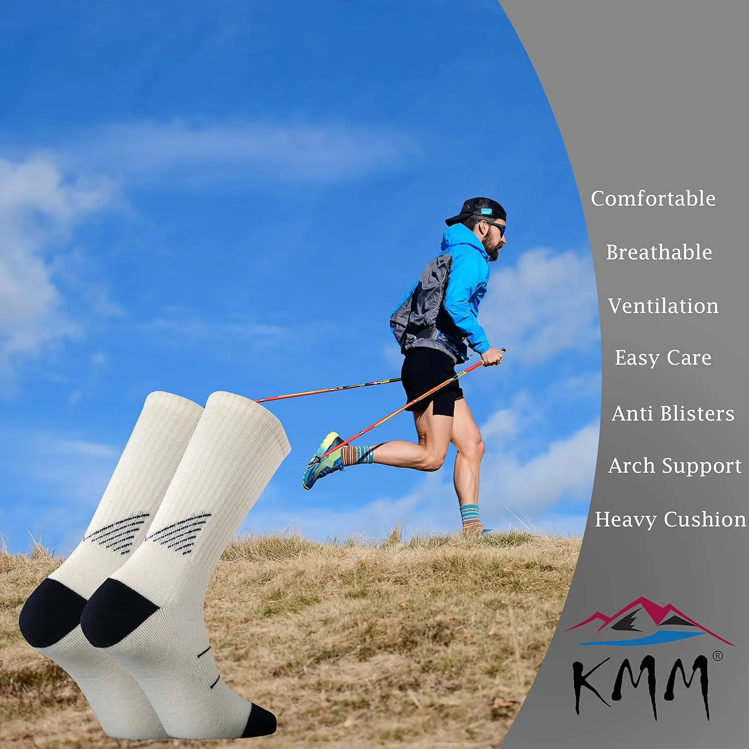 KMM Men's Merino Wool Cushion Crew Socks Moisture Wicking Control Medium Weight Warm for Outdoor Hiking Hike Trail Cycling